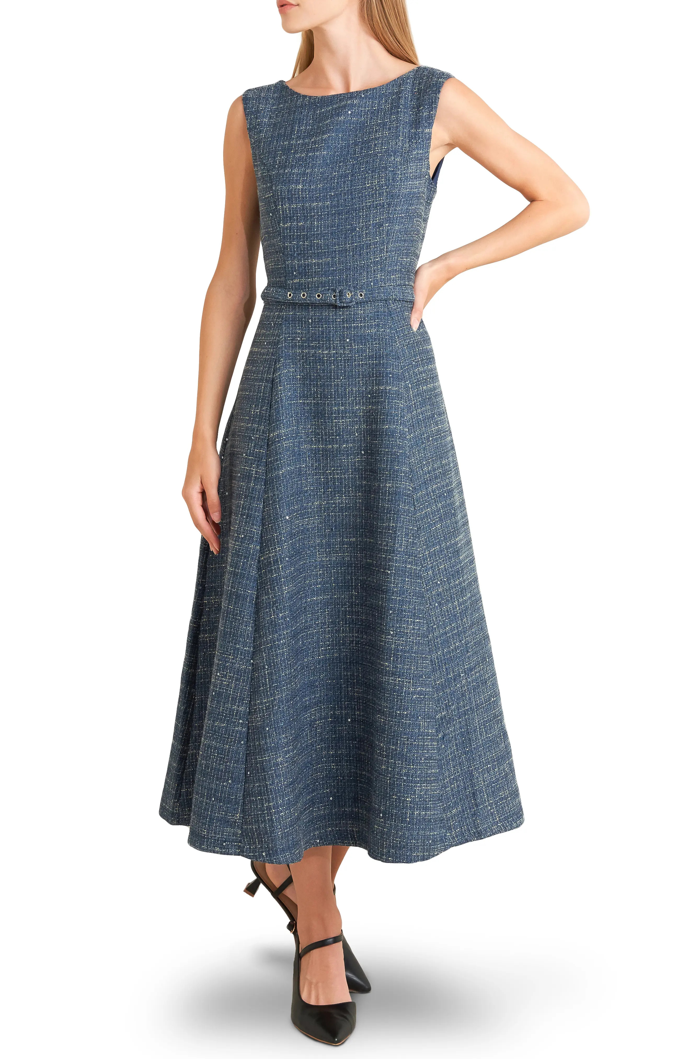 FREEMARKET Sequin Belted Tweed Midi Dress (Women) | Nordstrom | Nordstrom