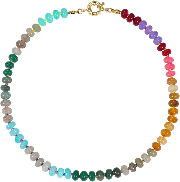 Qitian Beaded Gemstone Necklace for Women, Colorful Rainbow Boho Bead Choker Necklace Natural Sto... | Amazon (US)