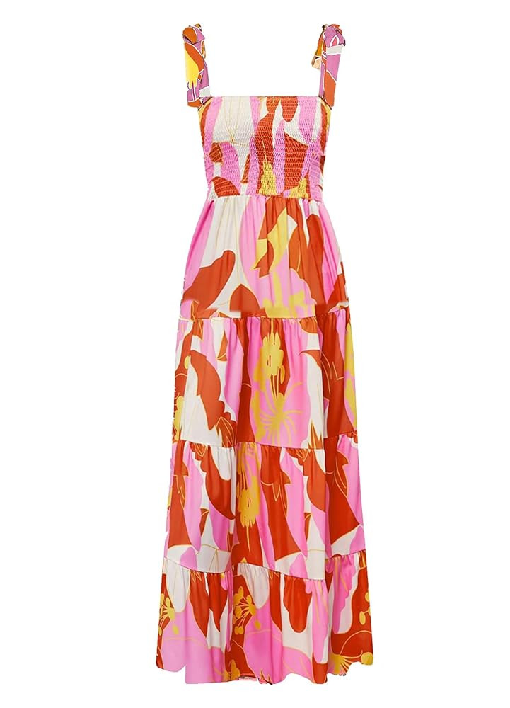 kinstell Women's Summer Boho Spaghetti Strap Square Neck Ruffle Casual Flowy Long Dress Beach Swi... | Amazon (US)