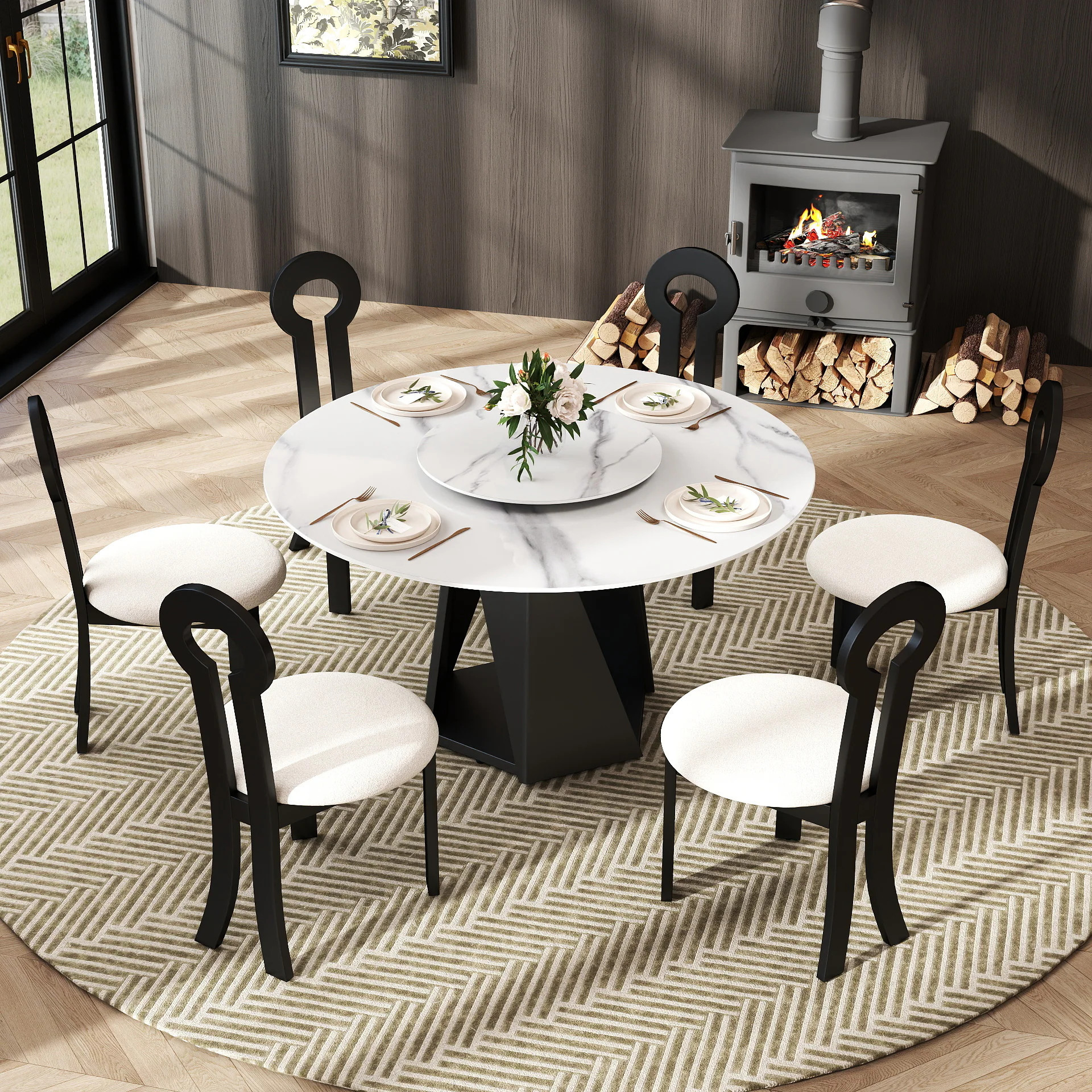 BuotiqHom 53 in. White/Black + Lazy Susan Round Contemporary/Modern Ceramic Dining Table, with Primed Finish and Metal Pedestal Base 53-in L x | Lowe's