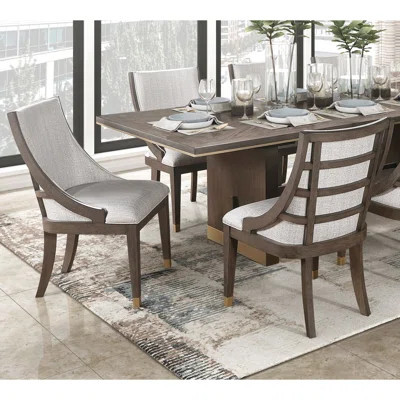 Of 2 Armchairs, Brown Wood With Trim, Upholstered Back And Seat, Dining Room Seating, 19" Seat Depth Contemporary Finish Ornaments, Linen-Like Upholst | Wayfair North America