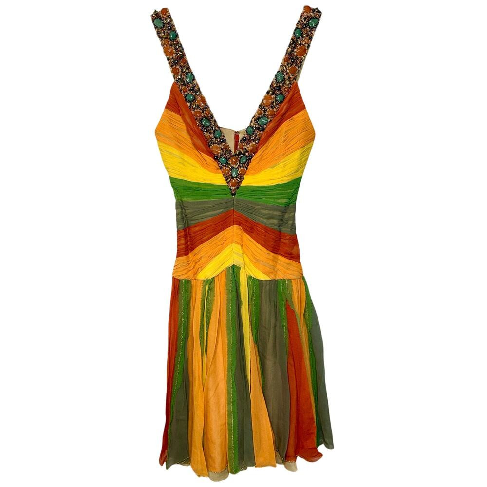 Beaded V-Neck Striped Midi Dress in Orange, Yellow & Green | Poshmark