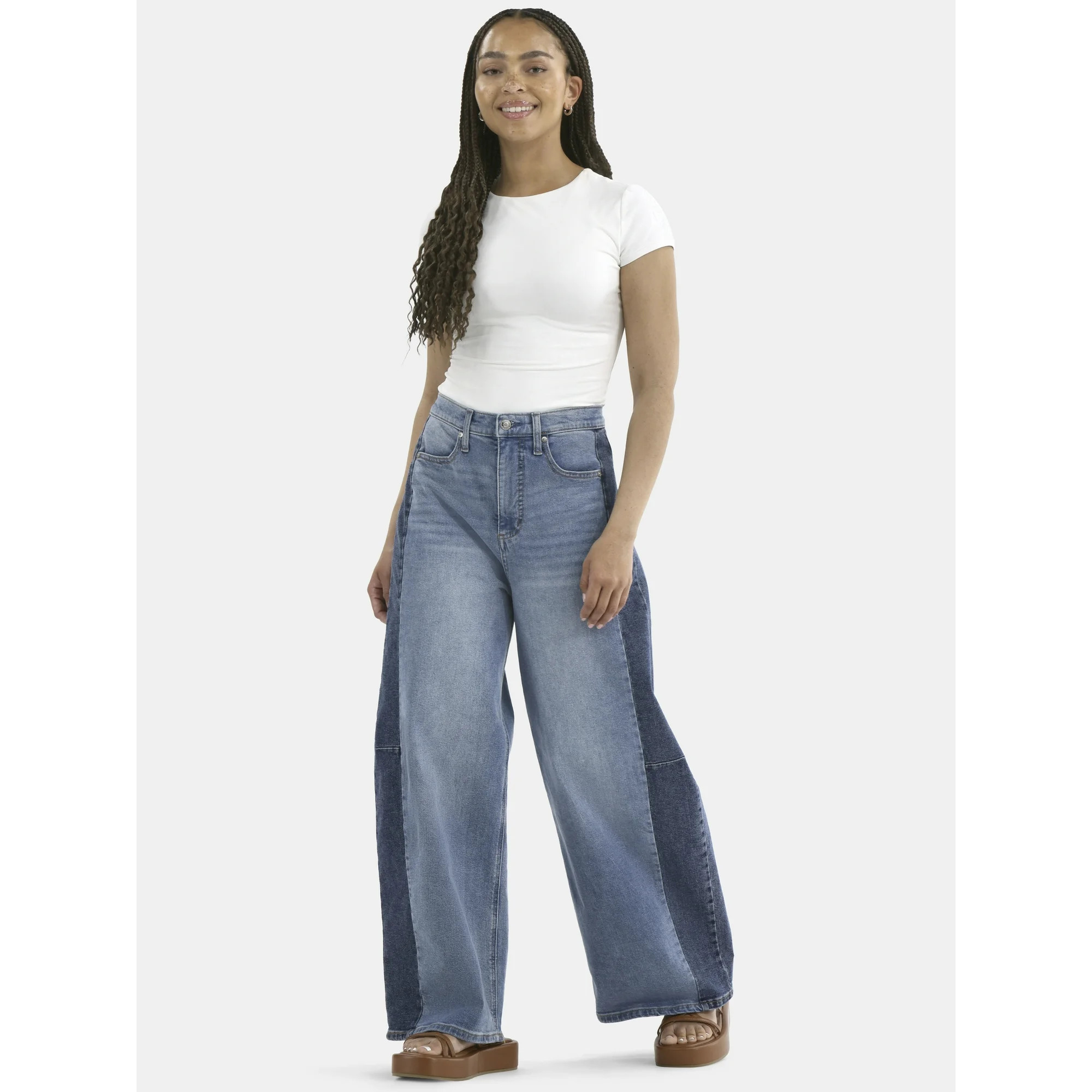 Scoop Women's Two-Tone Baggy Barrel Jeans, Sizes 0-18 | Walmart (US)