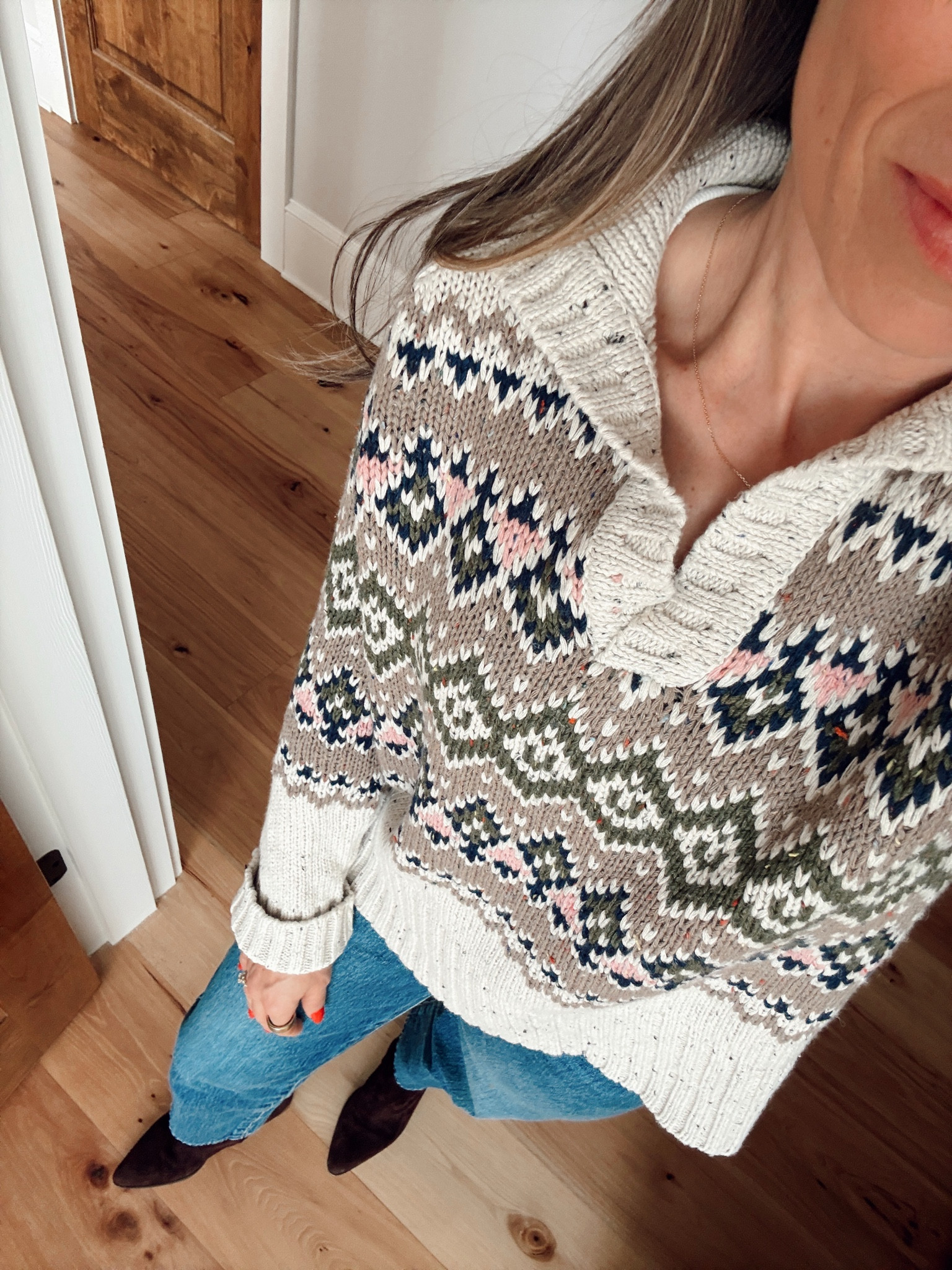 Fair isle sweater, straight leg relaxed jean, chocolate suede booties

#LTKSeasonal #LTKootd