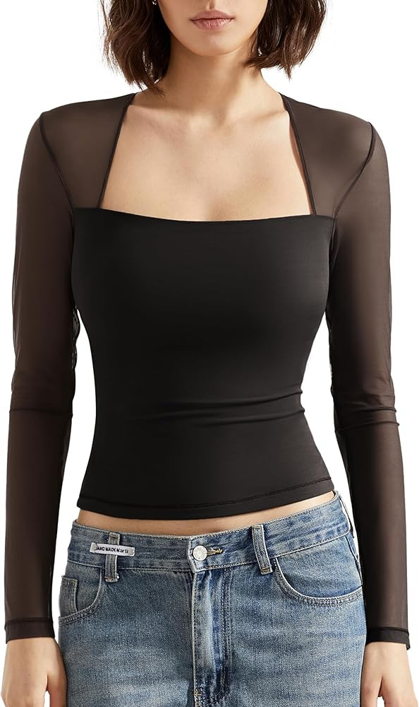 SUUKSESS Women Sexy Mesh Long Sleeve Tops Trendy Square Neck Going Out T Shirts | Amazon (US)
