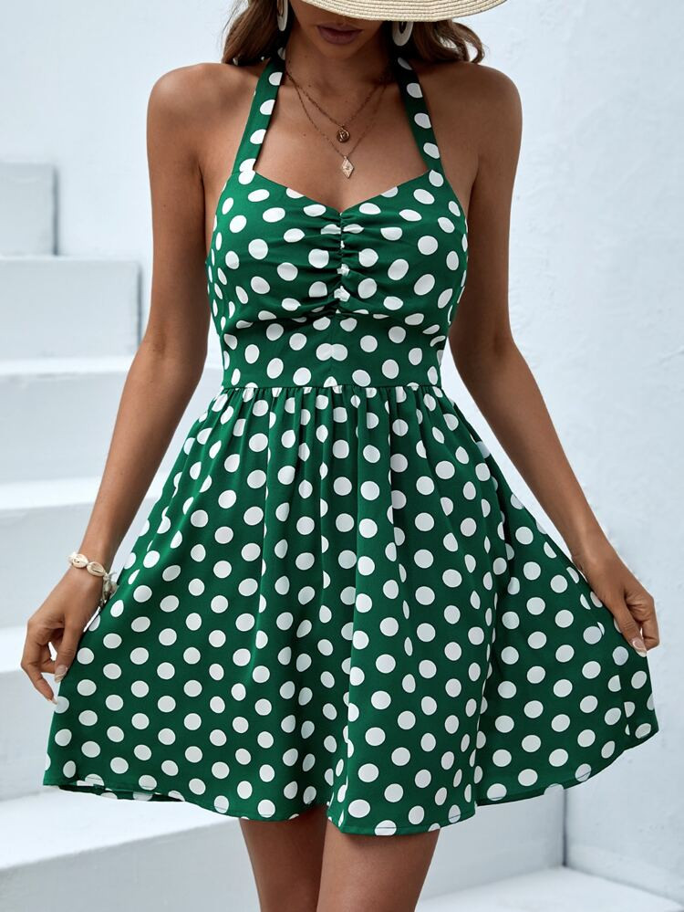 SHEIN VCAY Polka Dot Print Ruched Bust Tie Backless Halter Dress | SHEIN