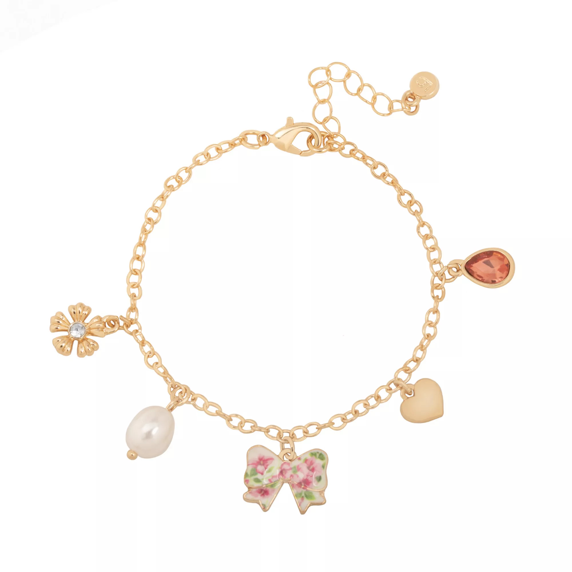 LC Lauren Conrad Gold-Tone Heart & Antique Flower Print Bow Charm Bracelet | Kohl's