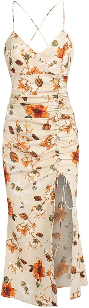 ZAFUL Women's Silky Pleated Draped Bustier Corset-Style Deep V Neck Midi Dress | Amazon (US)