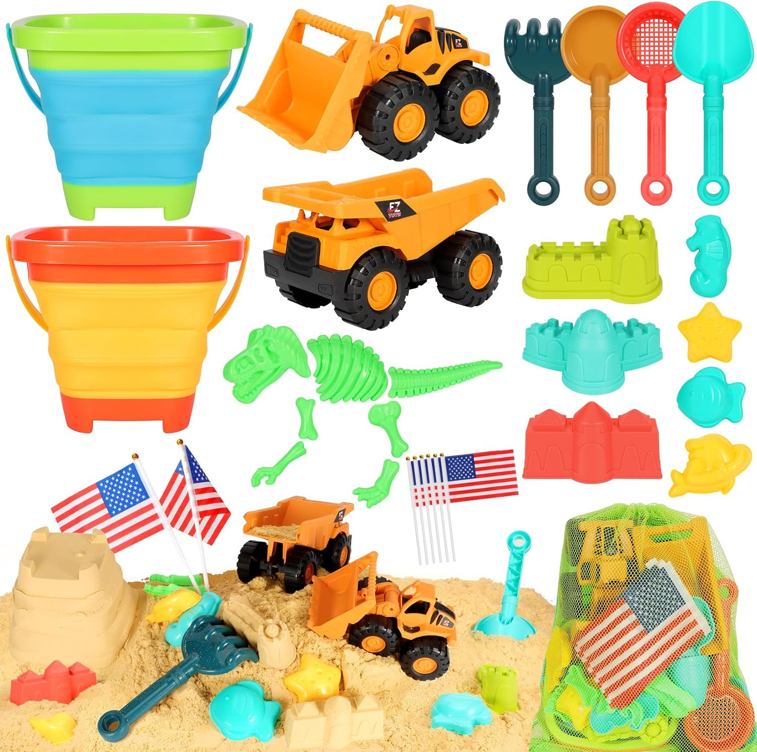 HUITEM Beach Sand Toys for Kids, 29PCS Sandbox Toys with 2 Collapsible Bucket Sand, 2 Dump Truck, Dinosaur Sand Molds, Sand Castle Kit, Shovel Sieve,Flags,Mesh Bag Travel Beach Toys for Toddler 3-10 | Amazon (US)