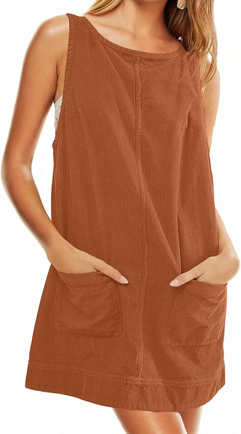 Womens Corduroy Overalls Dress Low Open Back Skirtall Jumper Mini Dress Pinafore with Pockets | Amazon (US)