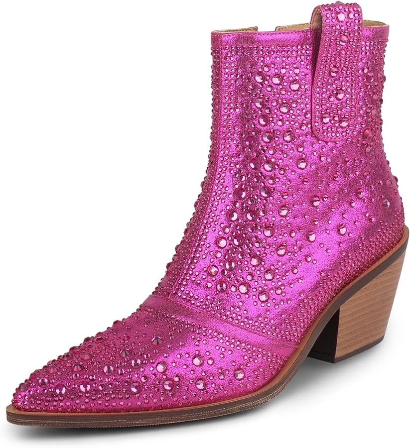 ISNOM Rhinestone Cowboy Boots Sparkly Ankle Boots with Pointed Toe and Chunky Heel Design | Amazon (US)