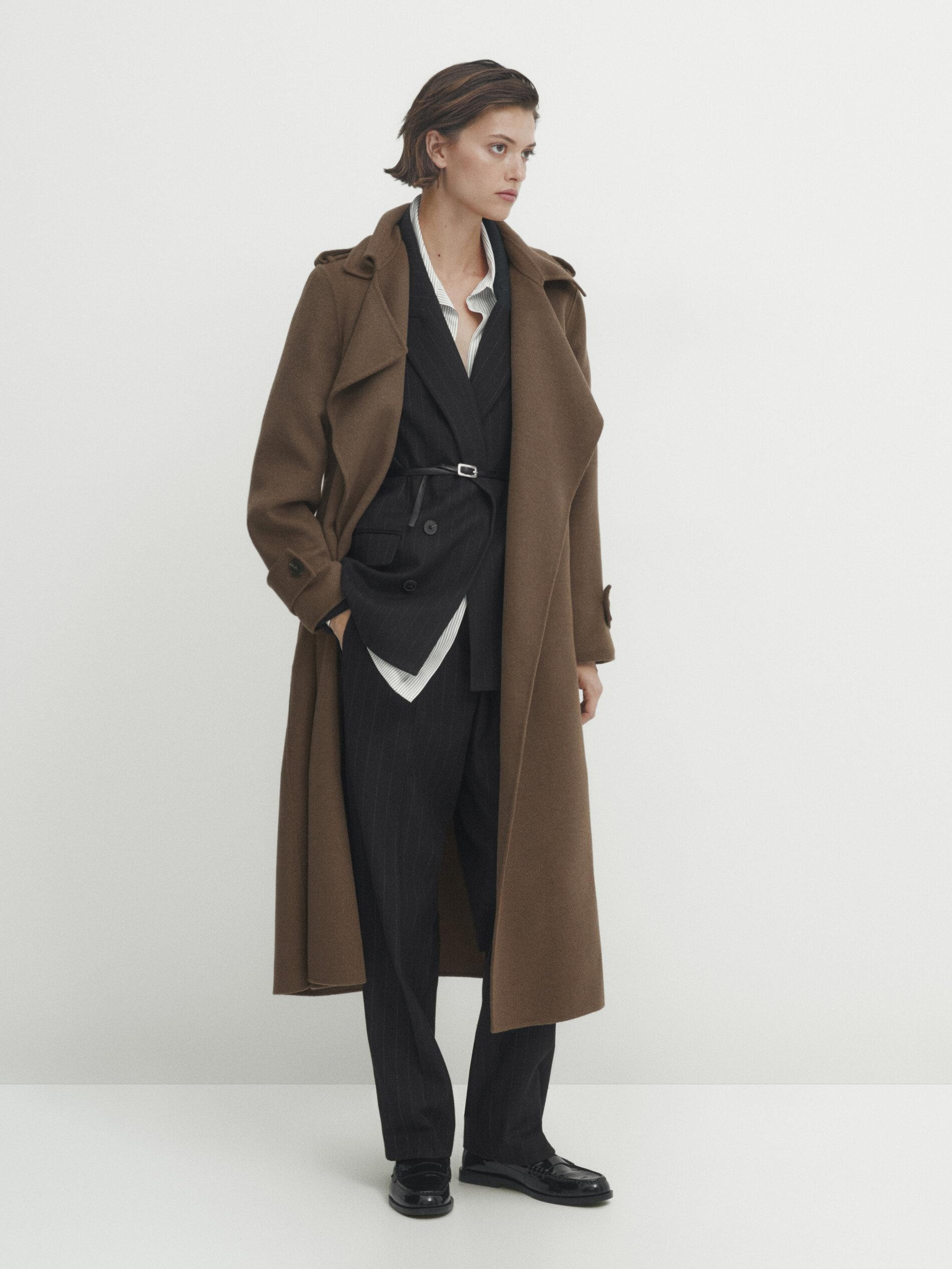Long trench-effect wool blend coat | Massimo Dutti UK