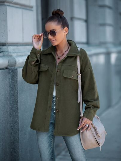 Flap Pocket Drop Shoulder Coat | SHEIN