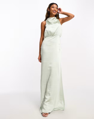 Pretty Lavish Bridesmaid Farrah high neck drape satin maxi dress in sage | ASOS (Global)