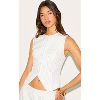White Tailored Woven Pinstripe Cinched Vest | PrettyLittleThing US