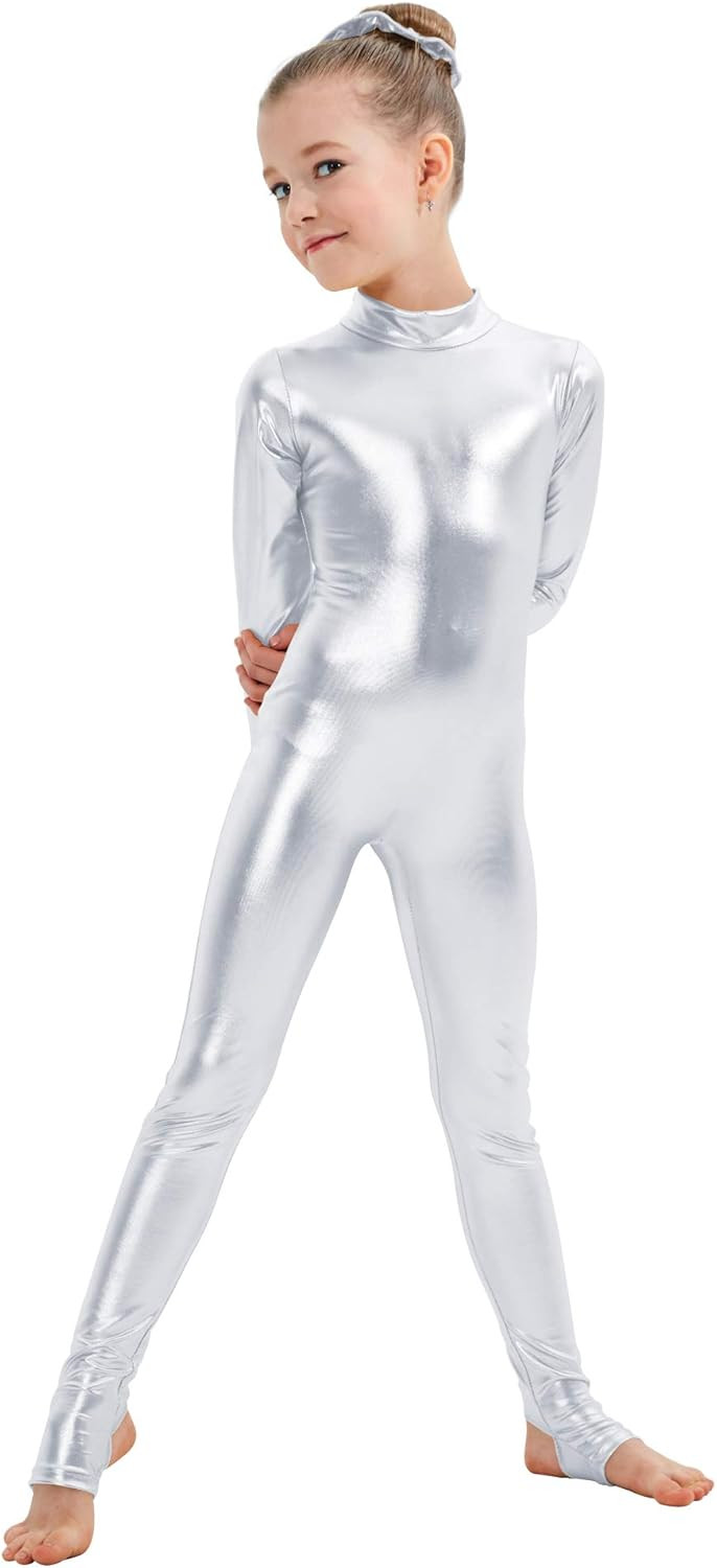 Kepblom Girls Shiny Metallic Mock Neck Unitard Long Sleeve Zipper Back One Piece Bodysuit Costume | Amazon (US)