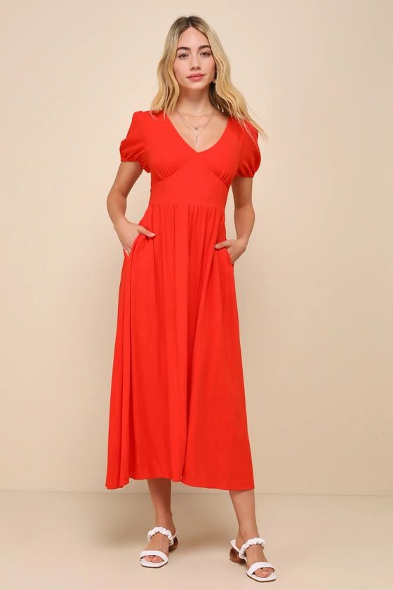 Red Orange Linen Backless Midi Dress With Pockets | Resort Wear | Resort Dress | Resort Outfits  | Lulus