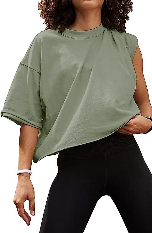 Women's Oversize Workout Crop Tops Casual Short Sleeve Drop Shoulder Boxy T-Shirts Roll Hem Basic... | Amazon (US)