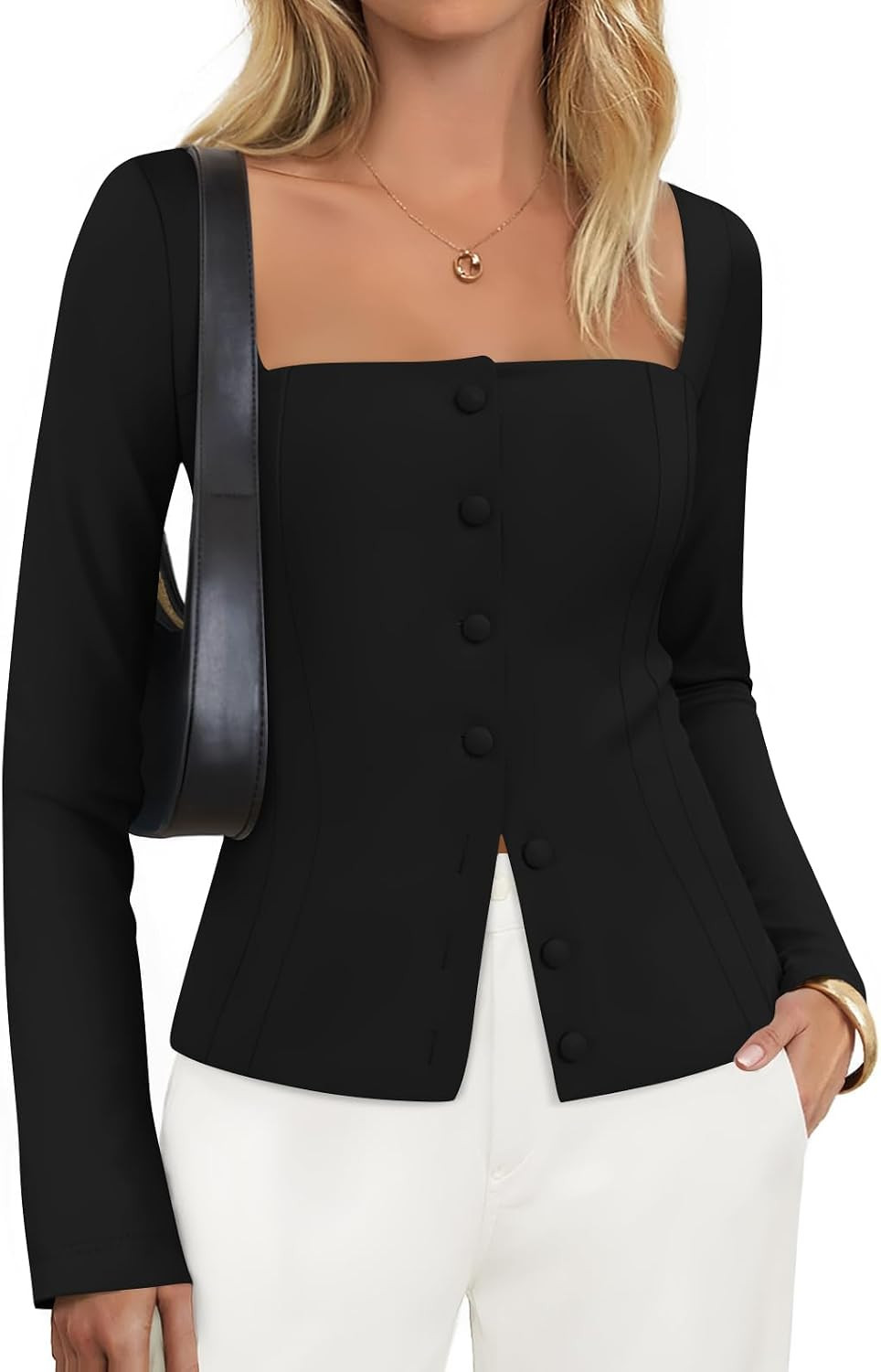 ZESICA Women's Spring Square Neck Blazers 2026 Casual Long Sleeve Button Up Work Business Fitted Blazer Jackets,Black, Small | Amazon (US)