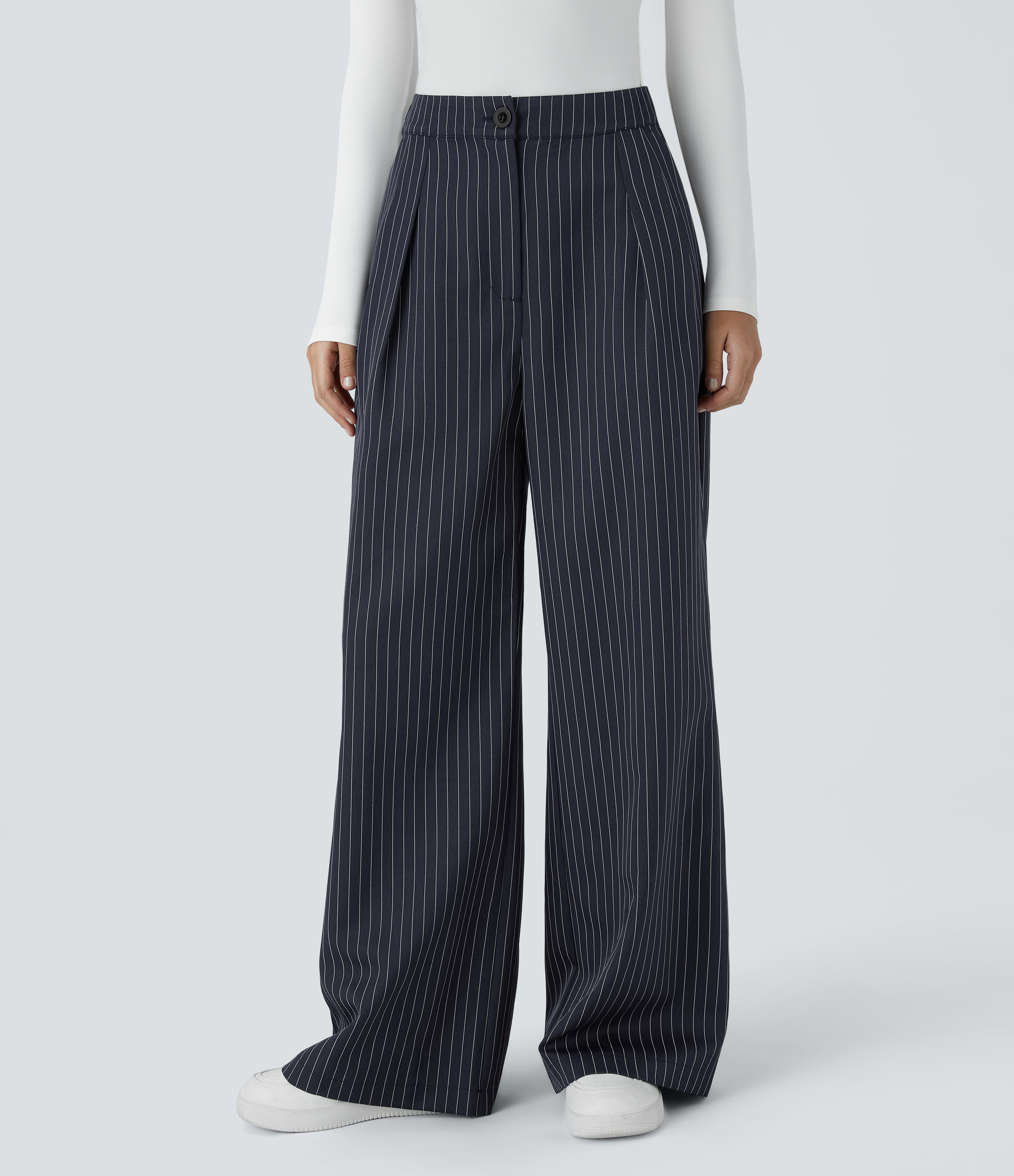 Women’s High Waisted Zipper Pocket Wide Leg Striped Work Pants - Halara | HALARA