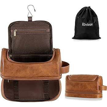Elviros Toiletry Bag, Mens Leather Travel Organizer Kit with hanging hook, Large Water-resistant ... | Amazon (US)