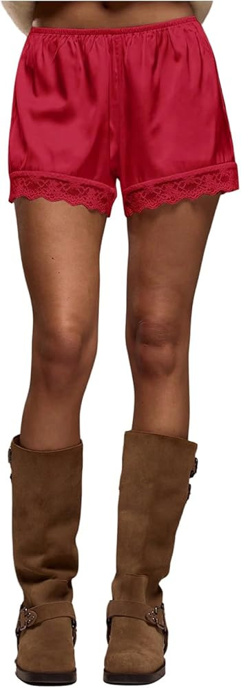 Women's Lace Trim Satin Shorts Shiny Elastic Waist Mini Shorts French Knickers | Amazon (US)