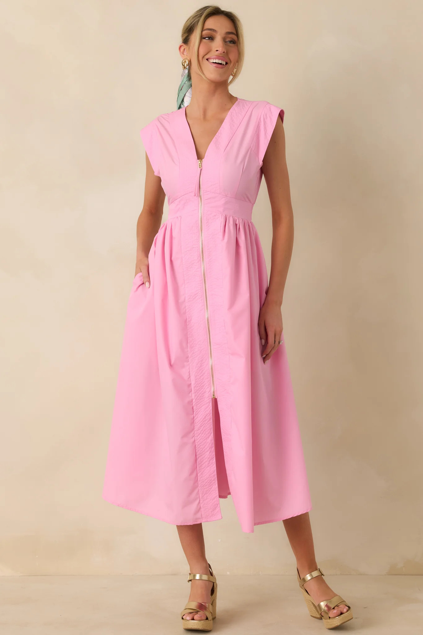 The Adeline Pink Zip Up Midi Dress | Red Dress