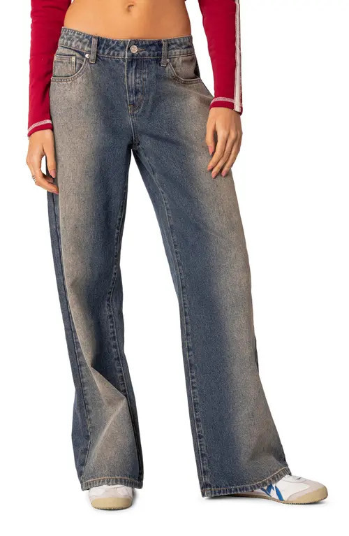 EDIKTED Raelynn Wide Leg Jeans in Blue/Brown-Washed at Nordstrom, Size Large | Nordstrom
