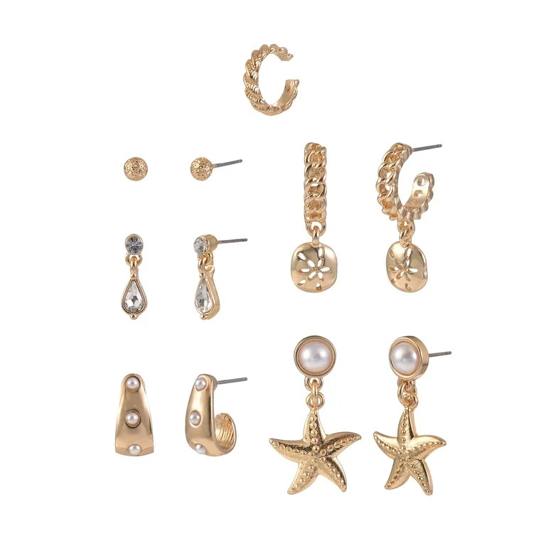 Time and Tru Adult Female Gold-Tone Metal Starfish and Acrylic Pearl Multi Earring Stacker Set - ... | Walmart (US)