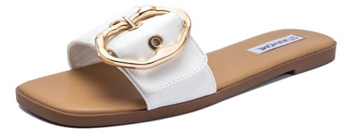 STUNAHOME Flat Sandals Women Fashion Slides With Soft Leather Paired with Metal buckle Slippers | Amazon (US)