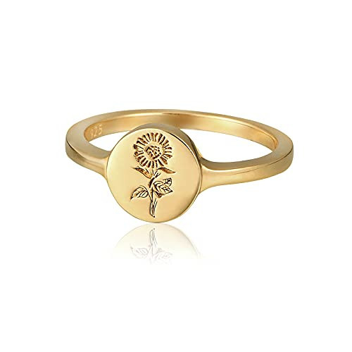 YeGieonr Sunflower Ring for Women Gold, 925 Sterling Silver Flower Ring Non Tarnish, 14K Gold Plated Engraved Floral Signet Ring Waterproof, Unique Solid Gold Statement Ring | Amazon (US)