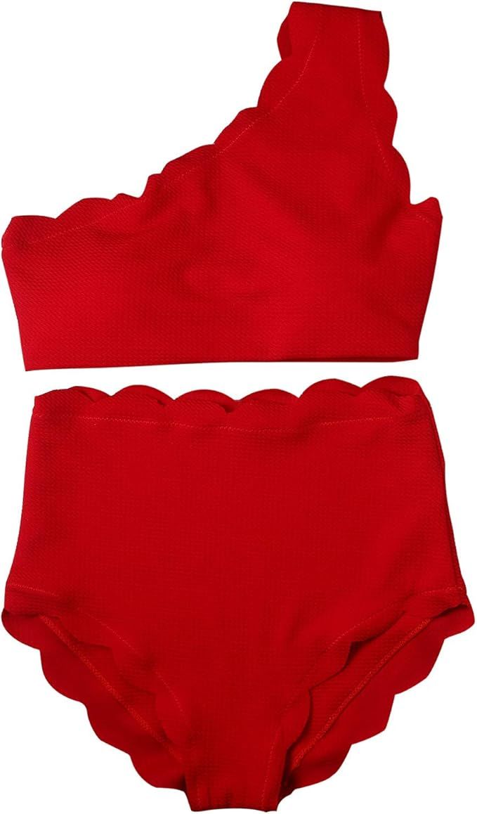 High Waisted Bikini Set One Shoulder Vintage Scalloped Flounced Swimsuit Wavy Edge Swimwear | Amazon (US)