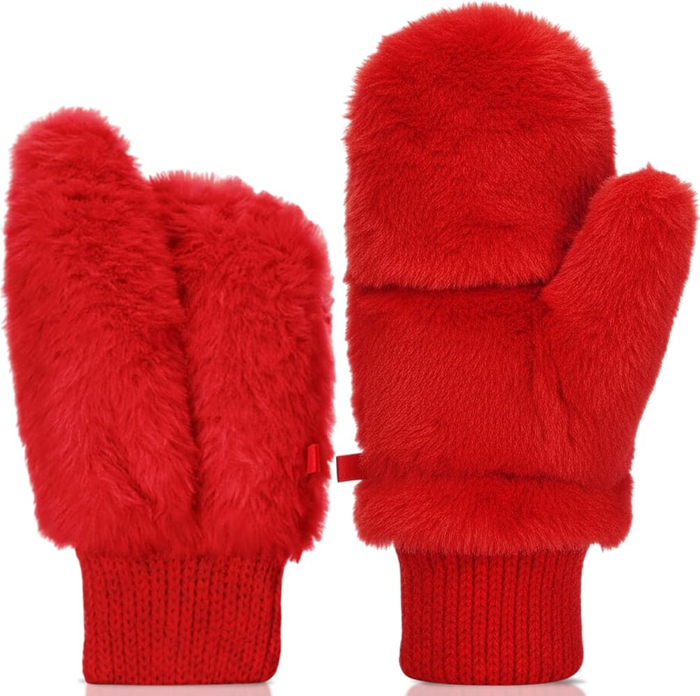 SATINIOR Faux Fur Mittens Fingerless Gloves Convertible Gloves Fluffy Winter Warm Soft Half Finge... | Amazon (US)