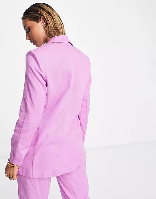 ASOS DESIGN linen slim straight suit blazer in pink | ASOS (Global)
