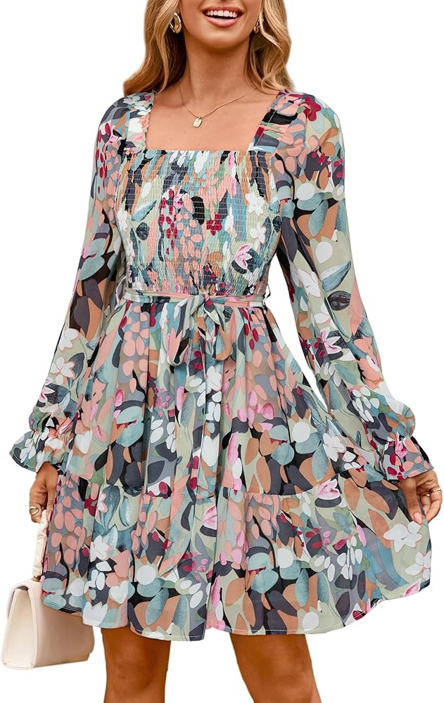 Simplee Womens Boho Long Sleeve Mini Dress Floral Square Neck Smocked A-Line Flowy Short Fall Wed... | Amazon (US)