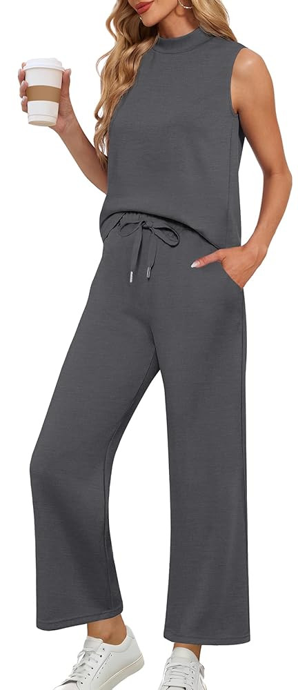 Lepunuo Two Piece Sets for Women Summer Mock Neck Sleeveless Top Wide Leg Pants Lounge Sets Vacat... | Amazon (US)