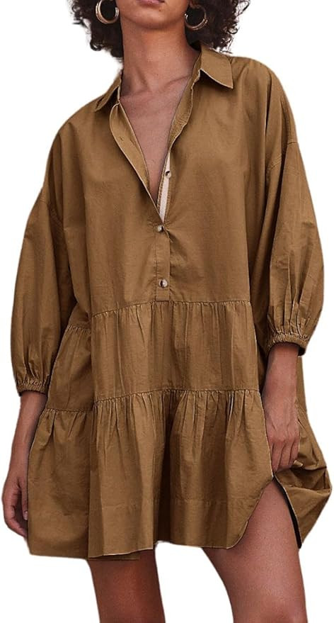 chouyatou Women's Summer Puff Sleeve Tiered Tunic Babydoll Dress Cute Mini Button Down Shirt Dres... | Amazon (US)