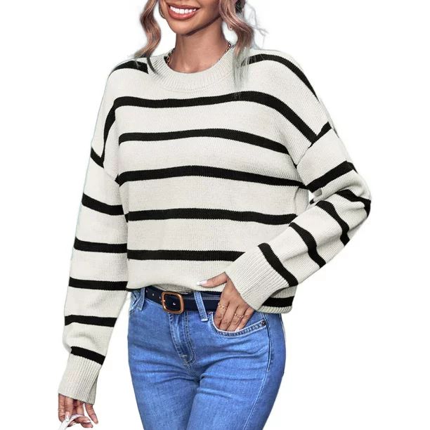 WIPONKEN Women's Black and White Striped Sweaters Pullover Sweaters Long Sleeve Knit Sweaters Cre... | Walmart (US)
