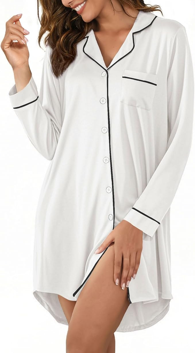 Nightgowns for Women Button Down Sleep Shirts Short Sleeve Nightshirt Boyfriend Nightdress V Neck... | Amazon (US)