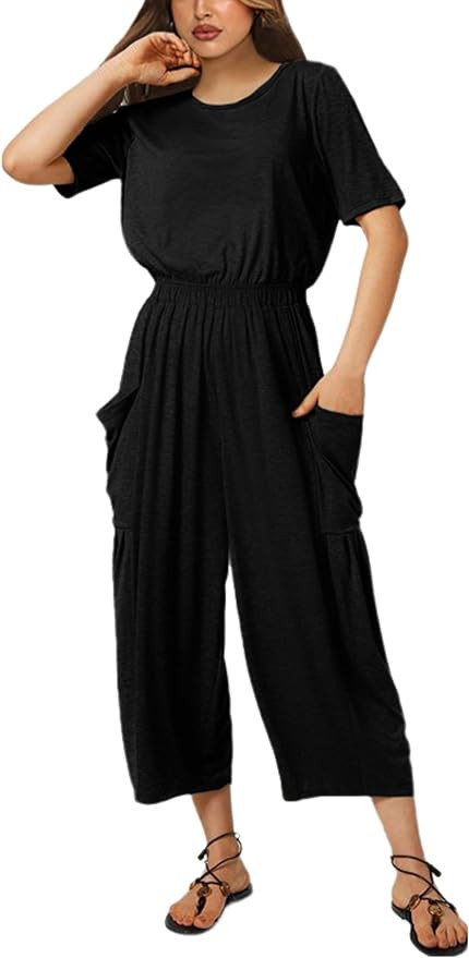 Fiona Jolin Jumpsuits for Women Casual Summer Short Sleeve Wide Leg Jumper Long Rompers with Pock... | Amazon (US)