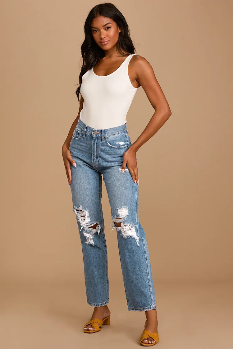 Classic Trends Medium Wash Distressed High Rise Dad Jeans | Lulus (US)