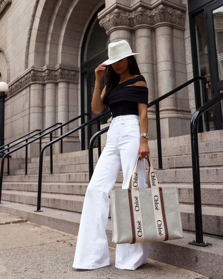 Chic summer outfit
Agolde off shoulder bodysuit 
White flared jeans
Chloe woody tote



#LTKSaleAlert #LTKItBag #LTKStyleTip