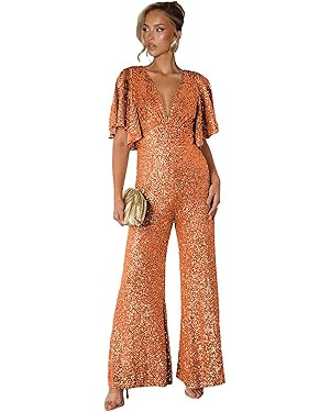 One Piece Jumpsuits for Women Dressy Sequin Wide Leg Long Pants V Neck Formal Rompers with Sleeve... | Amazon (US)