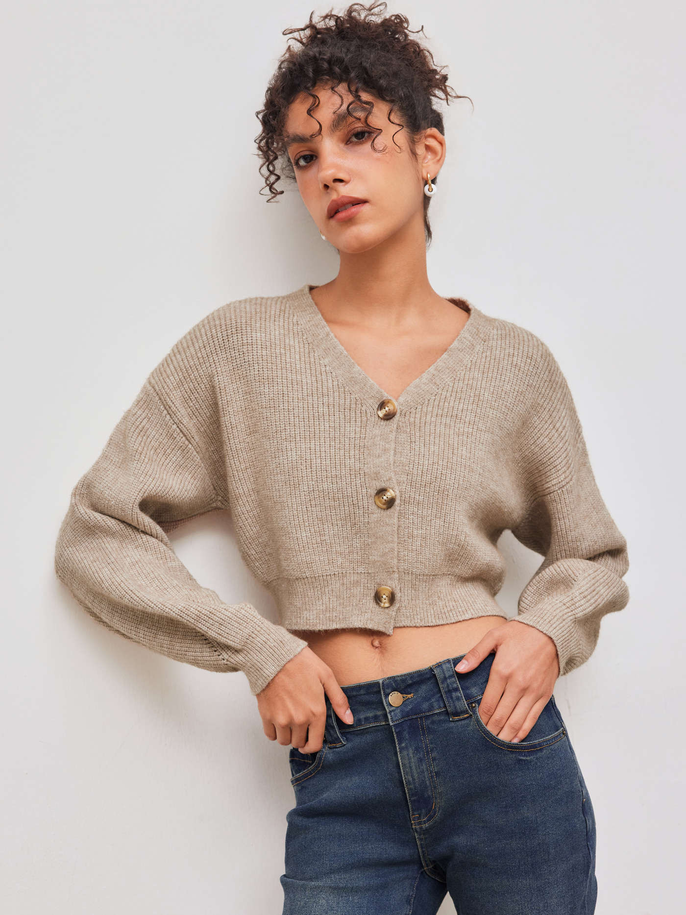 Knit V-neck Solid Button Crop Cardigan | Cider