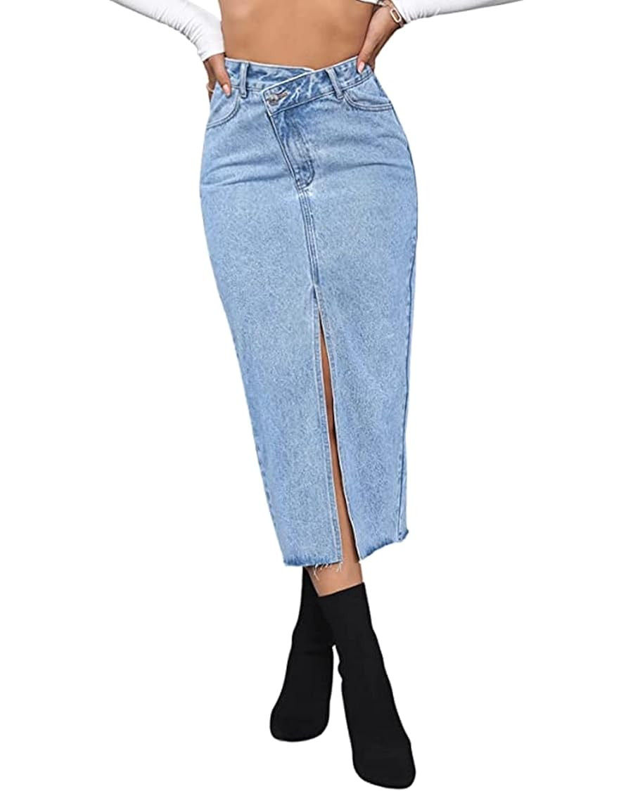 ELSTAROA Women's Casual High Waisted Solid Button Up Denim Jean Skirt | Amazon (US)