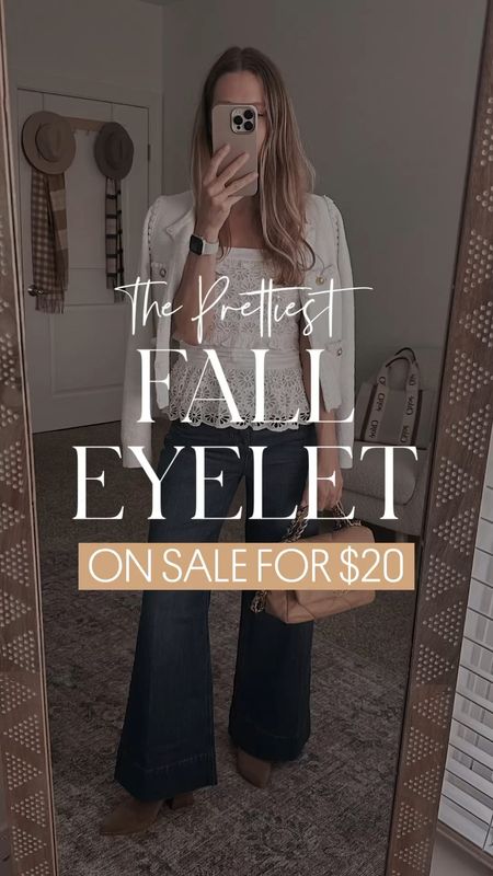 The most gorgeous eyelet top on sale you can wear to Fall events. On sale for $20! Runs TTS. I am wearing a 0  

#LTKparties #LTKunder50 #LTKsalealert