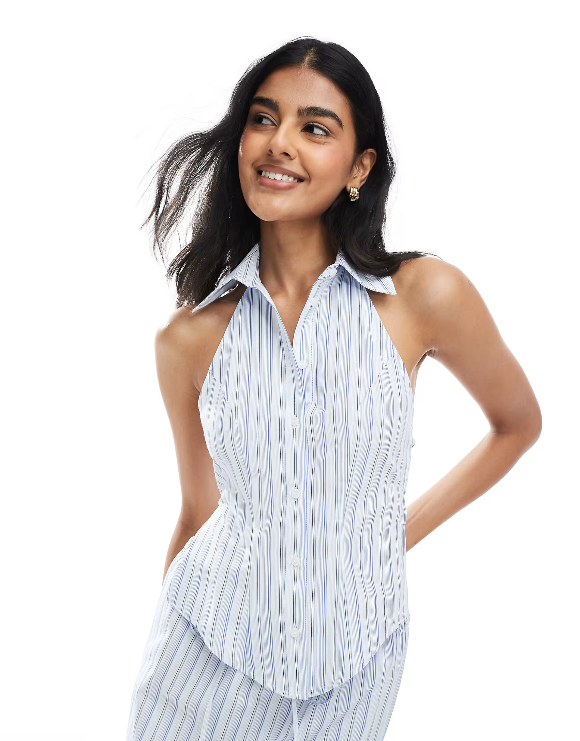 ASOS DESIGN halterneck tie back sleeveless co-ord shirt in stripe | ASOS (Global)