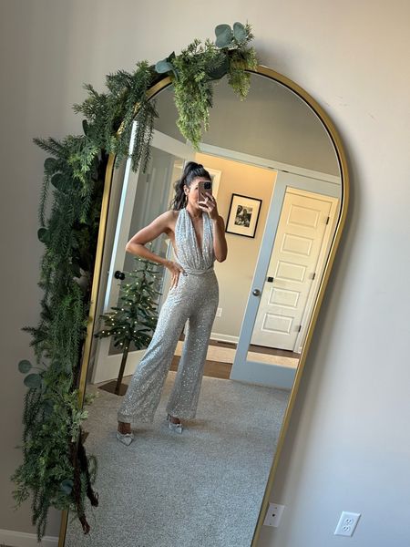 Use code THANKNICOLE for 25% off jumpsuit 
New Year’s Eve 
Jumpsuit 
Sequin jumpsuit 
Size small 
Holiday jumpsuit 
Holiday heels 
