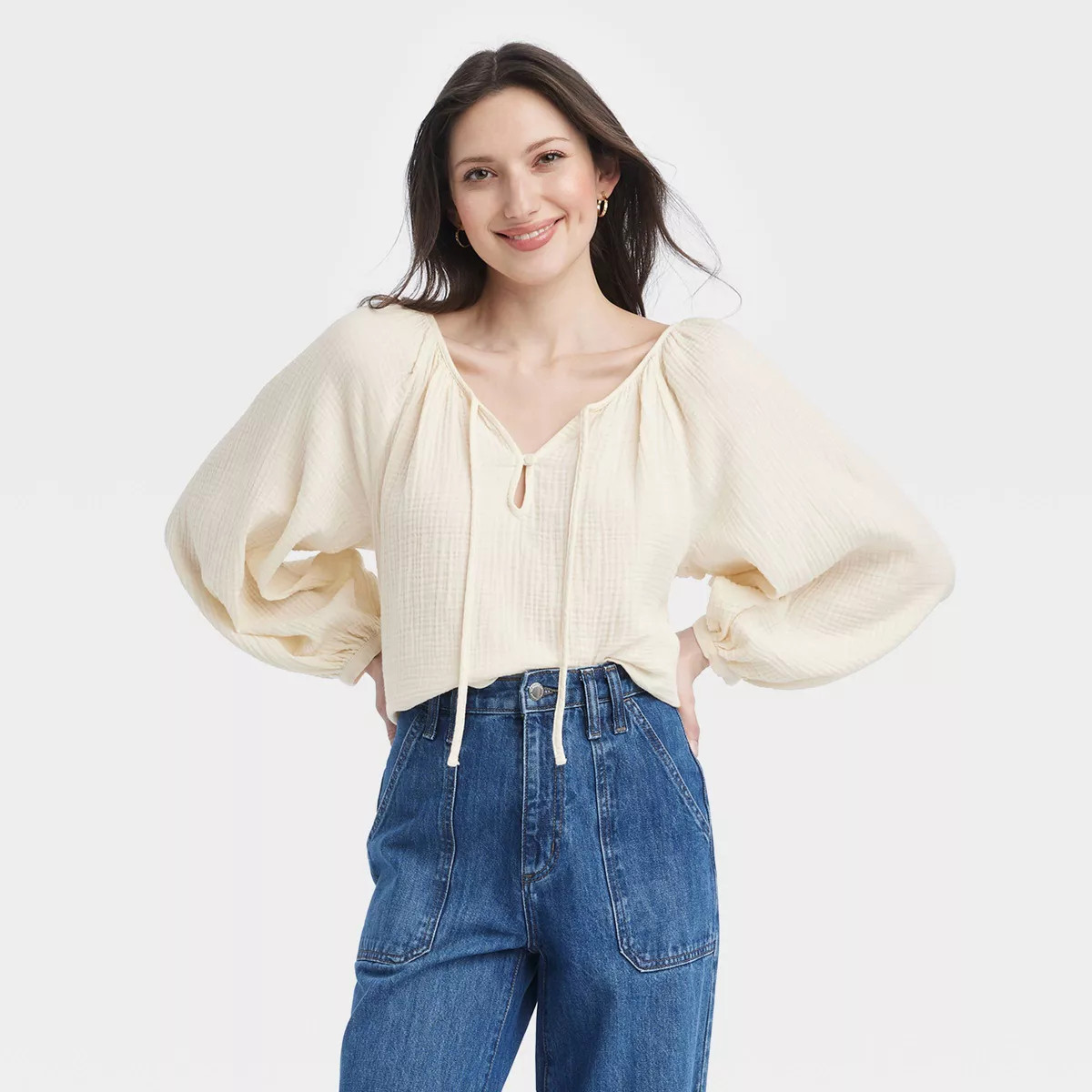 Women's Balloon Long Sleeve Everyday Blouse - Universal Thread™ Cream M | Target