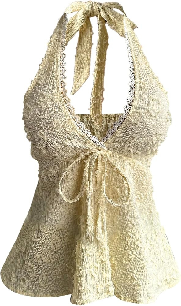SHENHE Women's Textured Halter Tie Front Lace Trim Sleeveless Tank Top | Amazon (US)